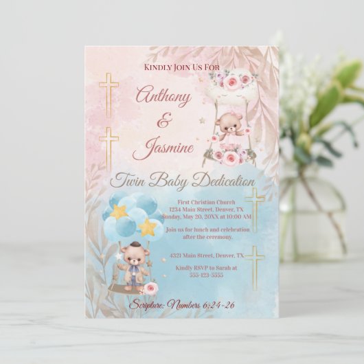 Pink and Blue Twin Teddy Bears on Swing with Photo Kaart (Staand voorkant)