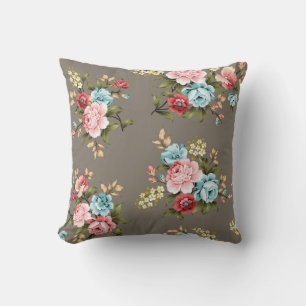Pink and blue vintage flowers with green and cream kussen