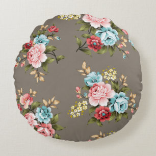 Pink and blue vintage flowers with green and cream rond kussen