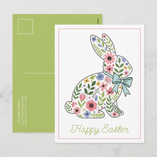 Pink and Blue Wildflower Easter Rabbit Feestdagenkaart (Voorkant / Achterkant)