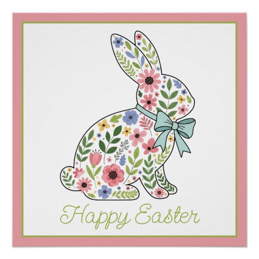 Pink and Blue Wildflower Easter Rabbit Perfect Poster (Voorkant)