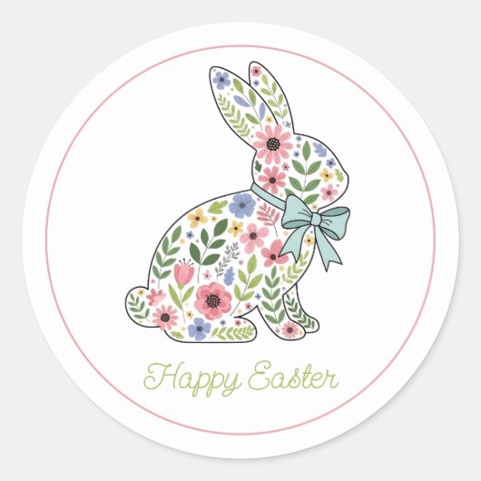 Pink and Blue Wildflower Easter Rabbit Ronde Sticker (Voorkant)