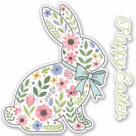Pink and Blue Wildflower Easter Rabbit Sticker (Voorkant)