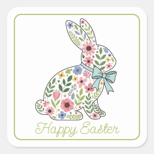 Pink and Blue Wildflower Easter Rabbit Vierkante Sticker (Voorkant)