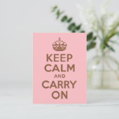 Pink and Brown Keep Calm and Carry On Briefkaart (Staand voorkant)