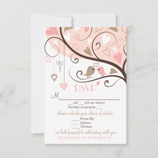 Pink and Brown Lovebirds RSVP Wedding Card (Voorkant)