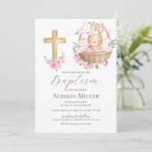 Pink and bunny floral baptism  kaart (Staand voorkant)