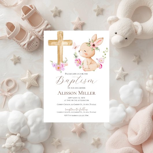 Pink and bunny floral baptism  kaart