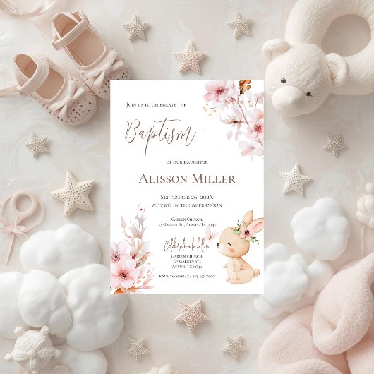 Pink and bunny floral baptism  kaart