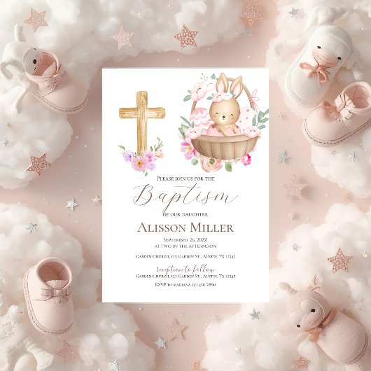 Pink and bunny floral baptism  kaart
