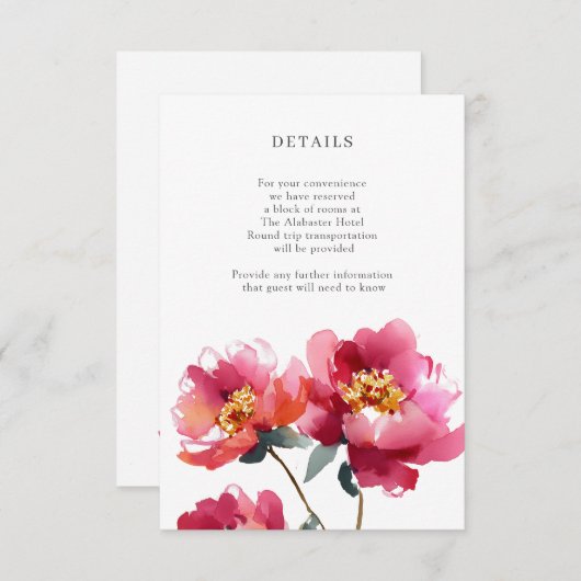 Pink and Coral Peony Waterverf Details Enclosure Informatiekaartje (Voorkant / Achterkant)