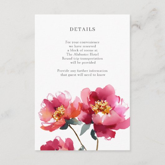 Pink and Coral Peony Waterverf Details Enclosure Informatiekaartje (Voorkant)