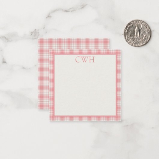 Pink and Cream Gingham Plaid Tartan Monogram Notitiekaartje (Voorkant / Achterkant in situ)