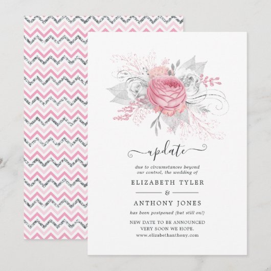 Pink and Faux Folie Silver Floral Wedding Update Kaart (Voorkant / Achterkant)