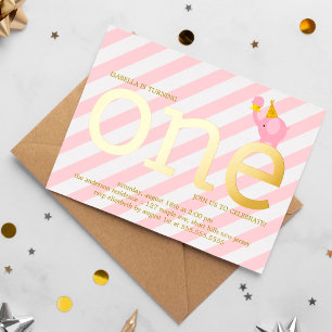 Pink and Faux Gold Foil Elephant Birthday Party in Folie Uitnodiging