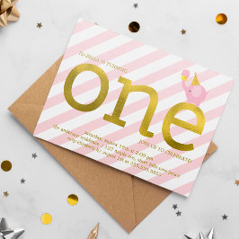 Pink and Faux Gold Foil Elephant Birthday Party Kaart