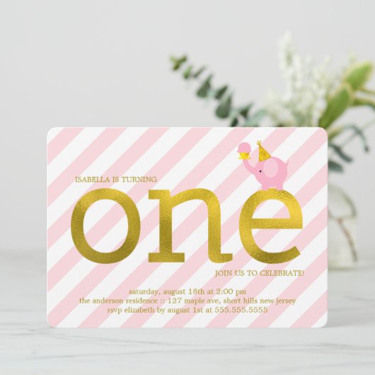 Pink and Faux Gold Foil Elephant Birthday Party Kaart (Staand voorkant)