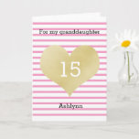 Pink and Gold 15th Birthday Granddaughter Kaart<br><div class="desc">A pink and gold 15th birthday granddaughter card with a white and pink striped background. You can easily personalize the age and name on the front of the card. The inside reads a heartfelt message, which can also be personalized if wanted. The back of this pretty birthday card also features...</div>