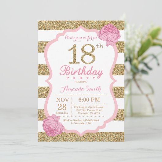Pink and Gold 18th Birthday Invitation Floral Kaart (Staand voorkant)