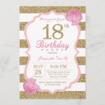 Pink and Gold 18th Birthday Invitation Floral Kaart<br><div class="desc">Roze en Gold 18e uitnodiging van de 18e verjaardag. Roze en goudglitter. Roze en witte strepen. Roze bloem. Volwassen verjaardag. Women Birthday Party. Voor verdere aanpassing,  te klikken gelieve de knoop "van de Aanpassing het"en ons ontwerphulpmiddel te gebruiken om deze sjabloon te wijzigen.</div>