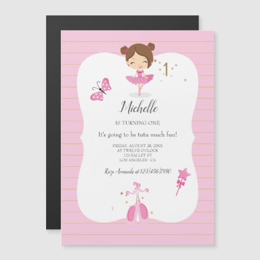 Pink and Gold 1st Birthday Ballerina Party Magnetische Uitnodiging (Voorkant / Achterkant)