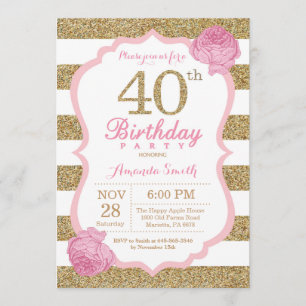 Pink and Gold 40th Birthday Invitation Floral Kaart