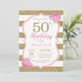 Pink and Gold 50th Birthday Invitation Floral Kaart (Staand voorkant)