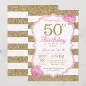 Pink and Gold 50th Birthday Invitation Floral Kaart (Voorkant / Achterkant)