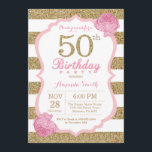 Pink and Gold 50th Birthday Invitation Floral Kaart<br><div class="desc">Roze en gouden uitnodiging voor de 50ste verjaardag van de geboorte. Roze en goudglitter. Roze en witte strepen. Roze bloem. Volwassen verjaardag. Vrouwendag. Voor verdere aanpassing,  te klikken gelieve de knoop "van de Aanpassing het"en ons ontwerphulpmiddel te gebruiken om deze sjabloon te wijzigen.</div>