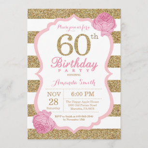 Pink and Gold 60th Birthday Invitation Floral Kaart