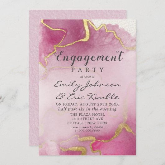 Pink and Gold Agate Waterverf Engagement Party I Kaart (Voorkant / Achterkant)