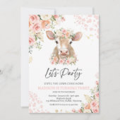 Pink and Gold Boho Florals Koe Birthday Party Kaart (Voorkant)