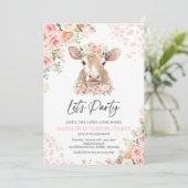 Pink and Gold Boho Florals Koe Birthday Party Kaart (Staand voorkant)