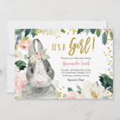 Pink and Gold Bunny Floral Baby shower Invitation Kaart (Voorkant)