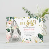 Pink and Gold Bunny Floral Baby shower Invitation Kaart (Staand voorkant)