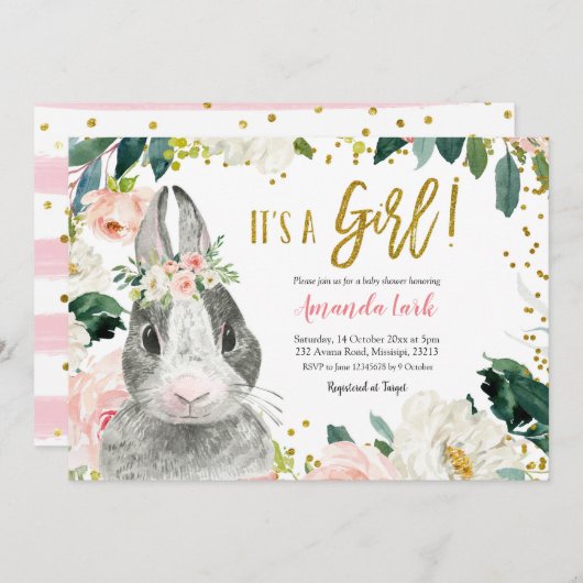 Pink and Gold Bunny Floral Baby shower Invitation Kaart (Voorkant / Achterkant)