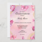 Pink and Gold Butterfly Quinceanera Invitation Kaart (Voorkant)