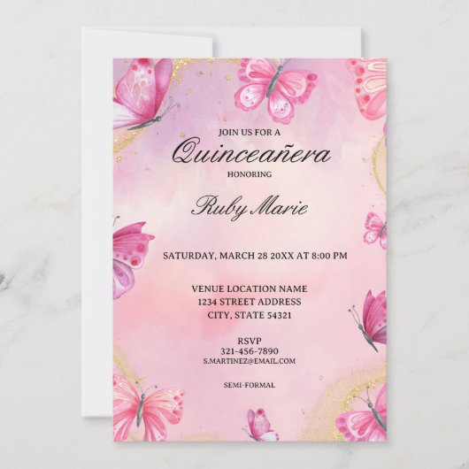 Pink and Gold Butterfly Quinceanera Invitation Kaart (Voorkant)