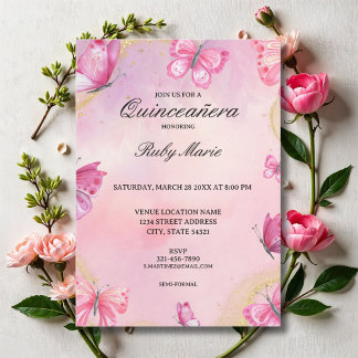 Pink and Gold Butterfly Quinceanera Invitation Kaart