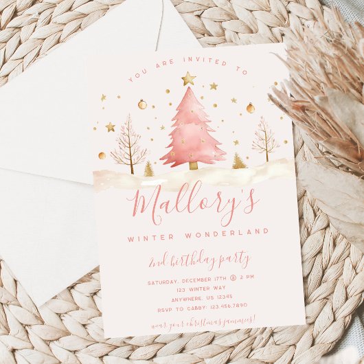 Pink and Gold Christmas Birthday Invitation Kaart