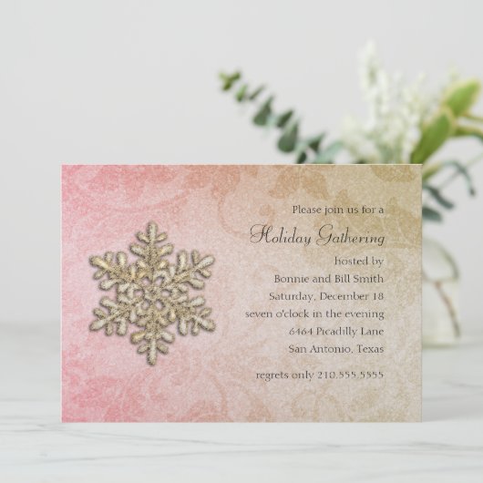 Pink and Gold Damask Snowflake Holiday Party Kaart (Staand voorkant)