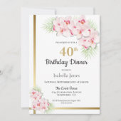 Pink and Gold Floral 40th Birthday Dinner Party Kaart (Voorkant)