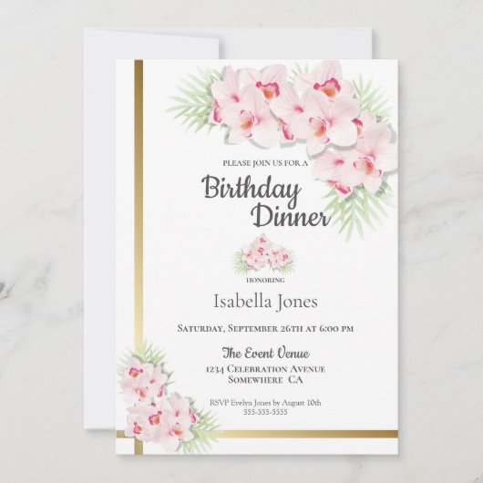 Pink and Gold Floral Birthday Dinner Party Kaart (Voorkant)