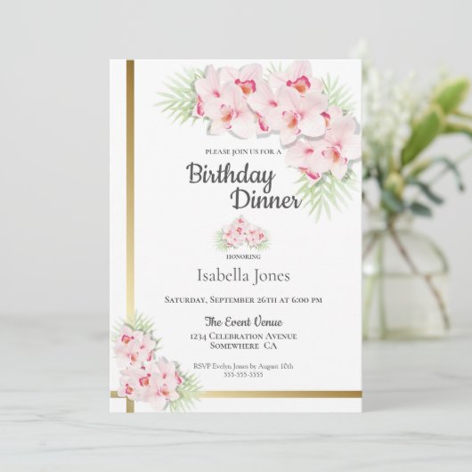 Pink and Gold Floral Birthday Dinner Party Kaart (Staand voorkant)