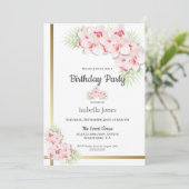 Pink and Gold Floral Birthday Party Kaart (Staand voorkant)