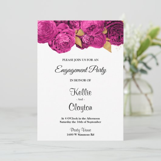 Pink and Gold Floral Engagement Party Kaart (Staand voorkant)