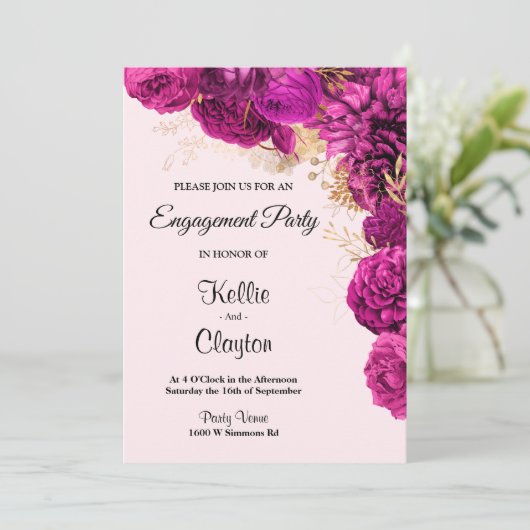 Pink and Gold Floral Engagement Party Kaart (Staand voorkant)