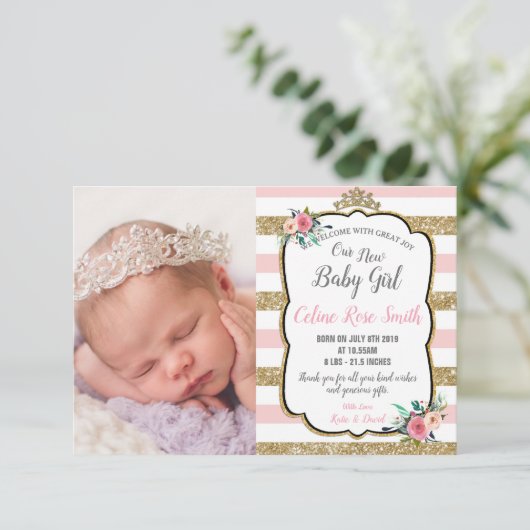 Pink and Gold Floral Princess Baby Girl Birth Aankondiging (Staand voorkant)