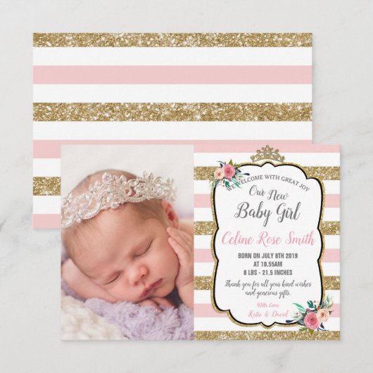 Pink and Gold Floral Princess Baby Girl Birth Aankondiging (Voorkant / Achterkant)