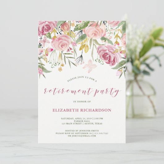 Pink and Gold Floral Retirement Party of waterverf Kaart (Staand voorkant)
